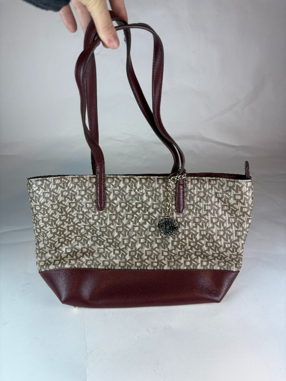 DKNY Bryant Medium Logo Tote Bag Beige Burgundy